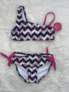 NWT JUSTICE KIDS GIRLS 2 PIECE SWIMSUIT GIRLS 7 PEACE SIGNS BLACK WHITE PURPLE - Picture 1 of 6