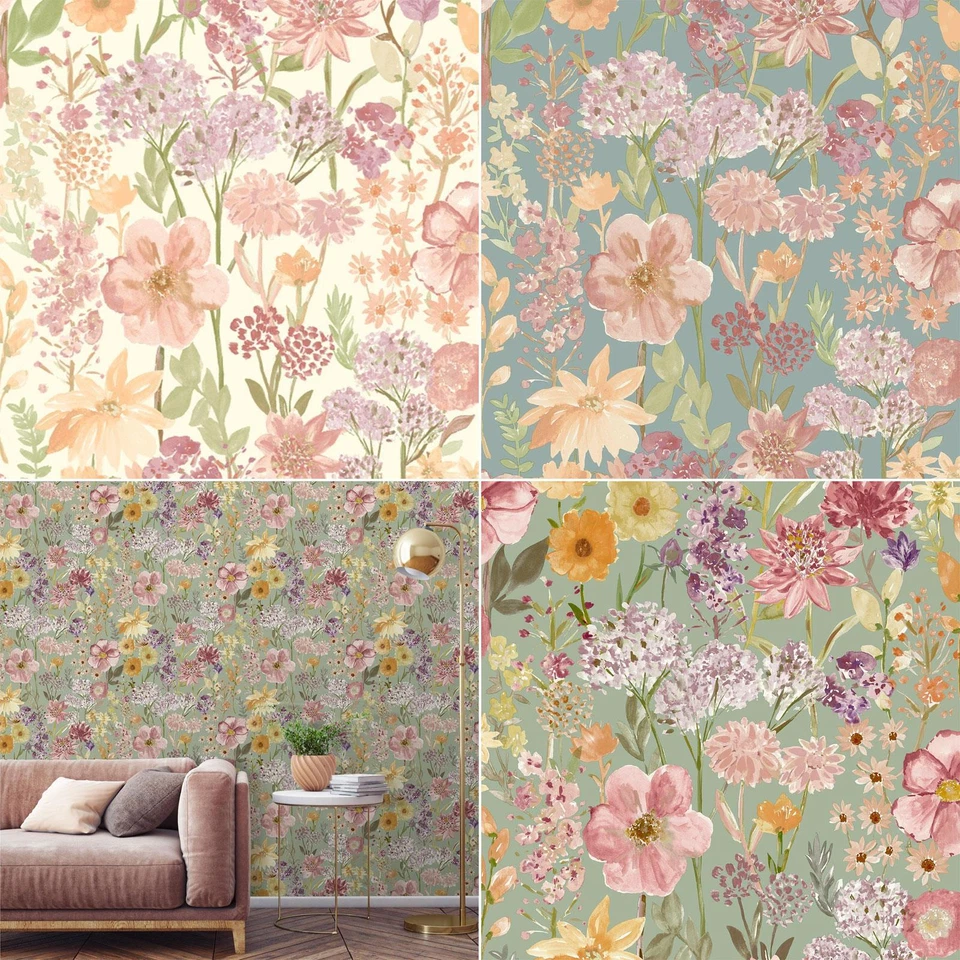 Grandeco Watercolour Wildflowers Wallpaper Floral Meadow Feature Wall Washable - Image 1 of 1