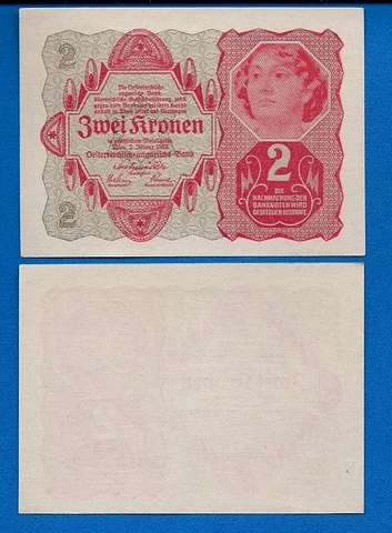 Austria Two Kronen Year 1922 World Currency Money Uncirculated Banknote Cover