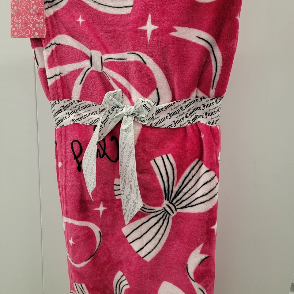 NEW Juicy Couture All Bows Black White Print Hot Pink Velvet Soft Throw Blanket  - Image 1 of 4