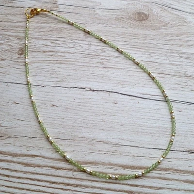 Dainty A++ Peridot & Pearl Faceted Round Gemstone Beads Handmade Necklaces 18'' - Image 1 of 4