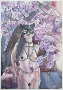 Female Girl Woman Watercolor Flowering tree Original Painting Mask - Picture 1 of 3