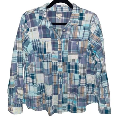 LL Bean Shirt Womens Large Petite Madras Plaid Patchwork Roll Tab Preppy Coastal - Image 1 of 4