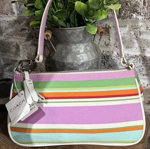 Mini borsa Coach Hamptons vintage a righe Demi rosa verde viola borsa F10802 NUOVA - Foto 1 di 8