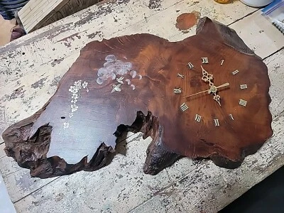 Vintage Wooden Redwood Or Cypress Live Edge Slab Wall Clock Hand Painted Birds - Image 1 of 4