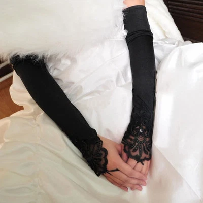 Women Fingerless Sequins Lace Satin Bridal Wedding Gloves Long Opera Gloves US - Image 1 of 4
