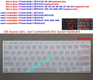Keyboard Skin Cover for Acer Swift 3 SF314-56 SF314-57 SF314-59 SF314-511 -55-54 - Picture 1 of 9