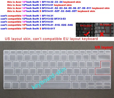 Keyboard Skin Cover for Acer 14"inch Swift 1 SF114-32 SF114-33 SF114-34 SF313-51 - Image 1 of 4
