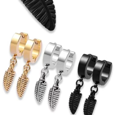 Small Feather Drop Dangle Hoop Earrings Surgical Steel Jewelry For Men Women - Image 1 of 3