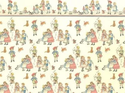 MELODY JANE Puppenhaus viktorianische Kinderreim Tapete Miniaturdruck 1:24 1/2 Zoll creme