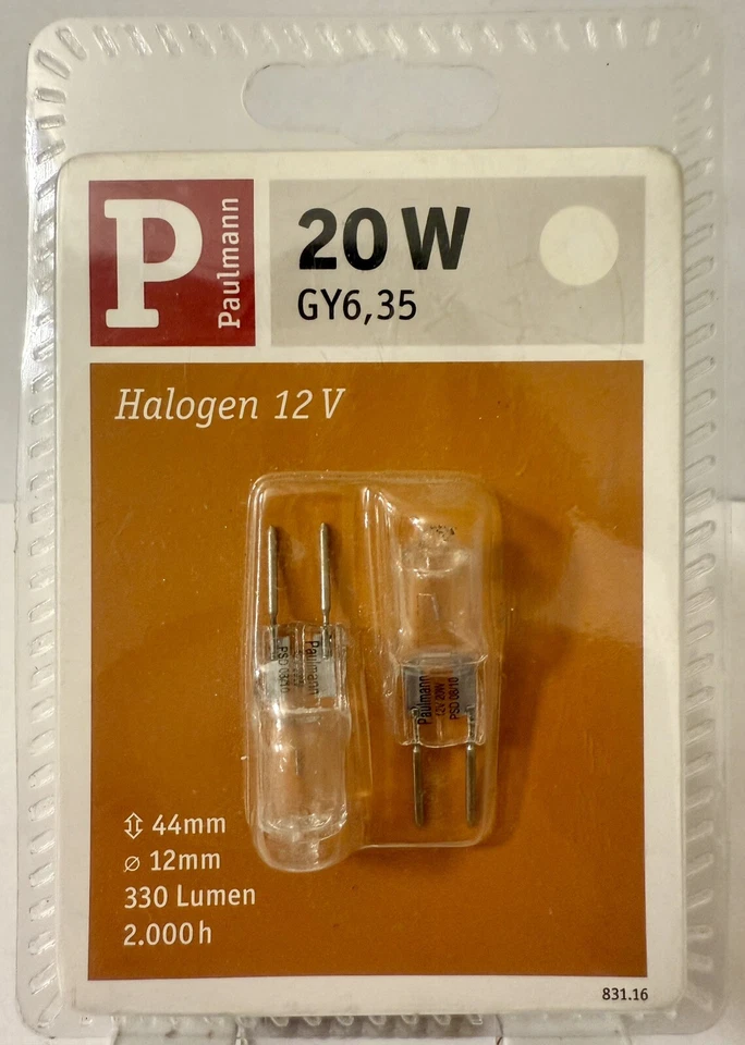 2 Stück 20W Paulmann 831.16 Halogen Stiftsockel GY6.35 Warmweiß 12V 44mm 330Lm - Bild 1 von 1