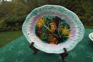 Antique Victorian Majolica Begonia Leaf Serving Dish Plate Blue Border 11 3/8" L - Picture 1 of 8