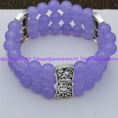 Brazalete de plata tibetana elástico con cuentas de jade lavanda de 8 mm para mujer de 3 filas 7,5 pulgadas Foto 1 de 4