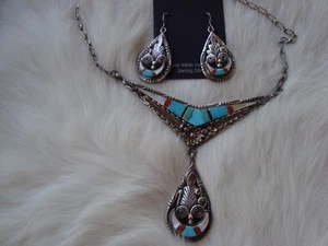 Sterling Necklace & Earrings Set Inlay Turquoise/Coral/Pearl 18" L Unique NEW - Picture 1 of 12