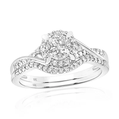 0.42CTW Natural Diamond 10K Gold White Round Cluster Engagement Wedding Ring Set - Image 1 of 2