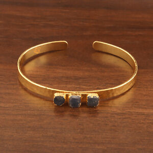 September Birthstone Raw Sapphire Gold Plated Hammered Band Adjustable Bangle 