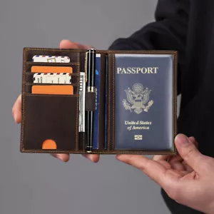 Cuero Genuino Portapasaportes RFID Viaje Tarjeta de Crédito Pasaporte Cubierta Billetera - Imagen 1 de 12