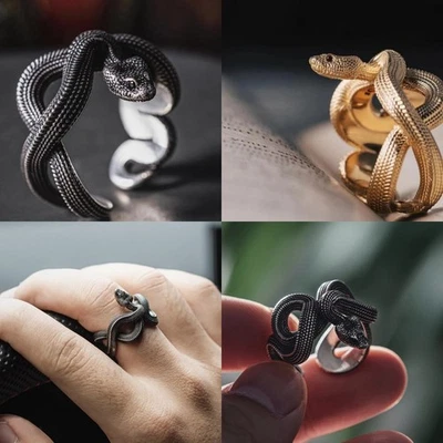 20件装蛇形戒指男女深色朋克风格黑色和金色 — 第 1/4 张图片