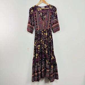 Jaase Boho Dress Full Front Button Up Lace Overlay Burgundy S Yellow Red - Foto 1 di 24