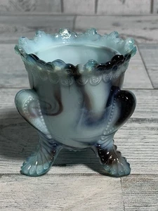 Vtg. Degenhart Blue Slag Glass Toothpick Holder Forget Me Not Edge - Picture 1 of 6