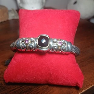 Cable Cuff Bracelet 925 Sterling Silver/18k Yellow Gold Garnet And Ruby - Picture 1 of 17