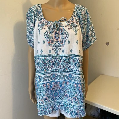 Mujer 3X Blusa de Diario Azul Blanco Floral Ojo de Cerradura Elastizada Cómoda Nueva Foto 1 de 4