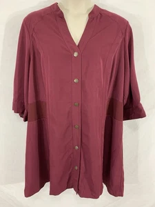 CJ BANKS Plus 3X-24W-26W Burgundy Button Up 3/4 Sleeve Shirt Top Blouse Tunic - Picture 1 of 15