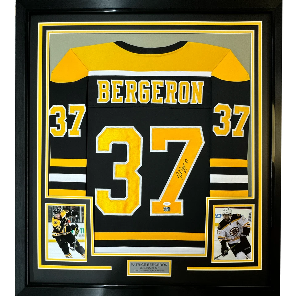 Framed Autographed/Signed Patrice Bergeron 33x42 Boston Black Jersey PSA/DNA COA - Image 1 of 2