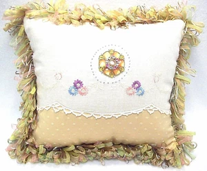 Decorative Throw Pillow Embroidered Flowers Satin Ribbon Fringe Cottagecore 12" - Picture 1 of 6