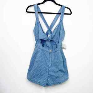 Free People Romper Womens XS Tie Front Denim Chambray Take Me Somewhere NEW Blue