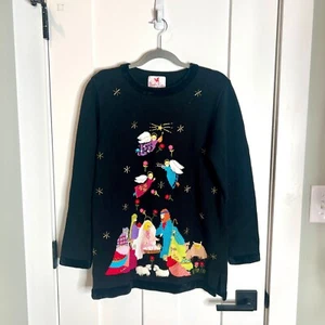Vtg Quacker Factory Grandma Christmas Sweater Nativity Scene Beaded Tunic S - Picture 1 of 4
