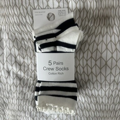 Primark black white patternCrew Socks 5 Pack One Size (4-8) - Image 1 of 3