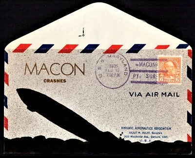 USS MACON MARYLAND ZRS5 Zeppelin Crash Cover Feb 12 1935 Hulff Hand Painted Cach - Image 1 of 2