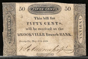 27 de mayo de 1818 Brookeville State Bank Indiana Bank of Vincennes 50 centavos obsoletos - Imagen 1 de 2