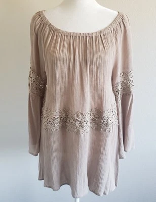 NUEVA Blusa Umgee Top Boho Relajado Encaje Crochet Arrugado Bronceado Manga Acampanada Talla L Foto 1 de 4