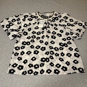 THML Ivory Black Floral Top Puff Sleeves Women's L NWT - Picture 1 of 7