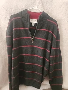 Orvis Mens 1/4 Zip LambsWool Sweater Size L Green Red Striped Pullover EUC !! - Picture 1 of 2