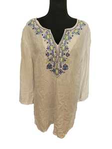 JM Collection XL White Linen Tunic with Blue Embroidered Beach Resort - Picture 1 of 6