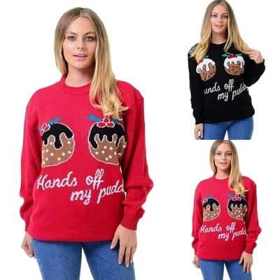 Ladies Christmas Jumper Knitted Women's Hands of Pudding Festive Sweatshirt Top - Image 1 of 4