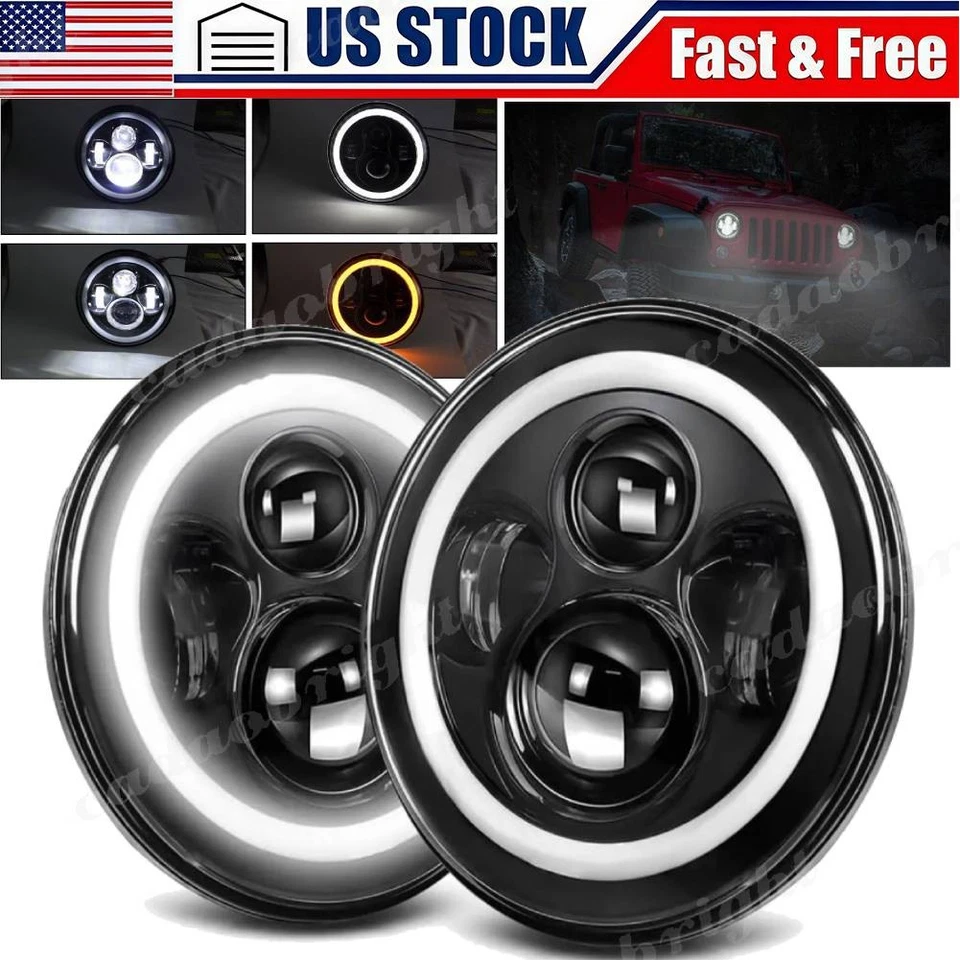 Pair 7" Inch Round LED Headlights Halo Angle Eyes For Jeep Wrangler JK LJ TJ CJ Foto 1 de 4