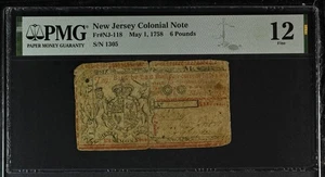 May 1, 1758 New Jersey Colonial Note 6 Pounds FR#NJ-118 PMG F 12 - Picture 1 of 2