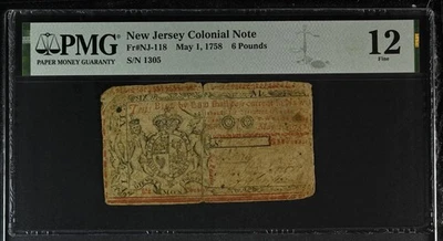 May 1, 1758 New Jersey Colonial Note 6 Pounds FR#NJ-118 PMG F 12 - Image 1 of 2