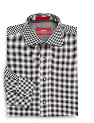 Men's Saks Fifth Avenue Red Dress Shirt Trim Fit Plaid Charcoal 14.5 to 17.5 NEW - Image 1 of 2