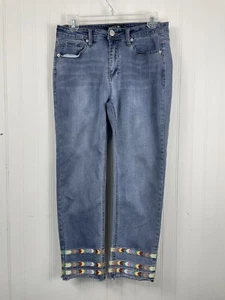 Pantalones de mezclilla para mujer Baccini azules talla 6 bordados tiro alto recto dobladillo crudo - Imagen 1 de 9