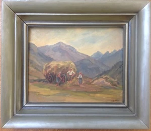 ::HEDWIG DAME *1878 -1968 ÖLGEMÄLDE HEUERNTE PFERDEGESPANN WAGEN ALPEN ANTIK ÖL - Bild 1 von 4