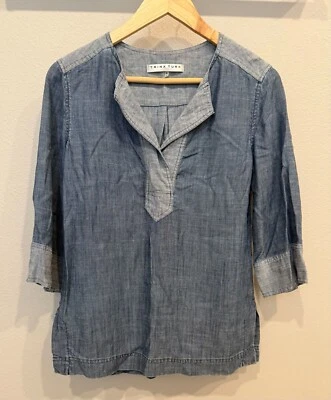 Blusa túnica Trina Turk cambray pulóver mezcla de lino azul mangas medianas 3/4 Foto 1 de 4