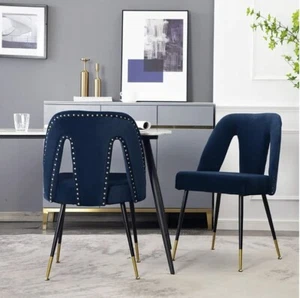 Blue Velvet Modern Dining Kitchen Chairs Set of 2 Upholstered Metal Legs Armless - Picture 1 of 5