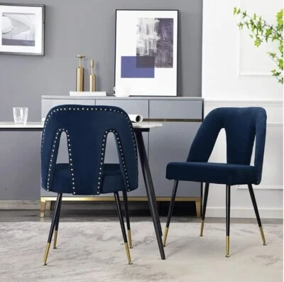 Blue Velvet Modern Dining Kitchen Chairs Set of 2 Upholstered Metal Legs Armless - Image 1 of 4