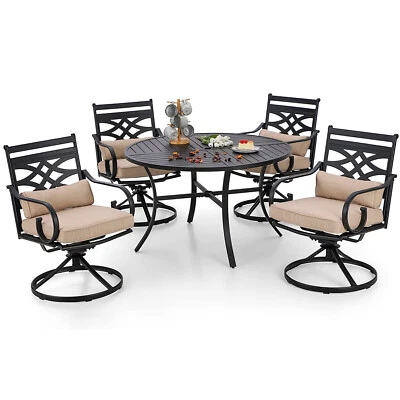 PHI VILLA 5-Piece Patio Dining Set Metal Round Table & Swivel Chairs Outdoor Furniture Set