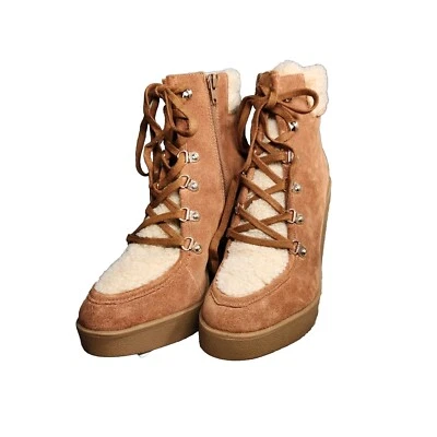 Botas anabela Jessica Simpson feminina tamanho 9 M Maelyn couro caramelo camurça 645 - Imagem 1 de 4